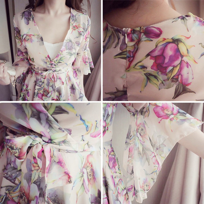 Dress Model Slim Lengan Flare A-Line Gaya Korea Bahan Sifon untuk Wanita / Pesta / Musim Panas