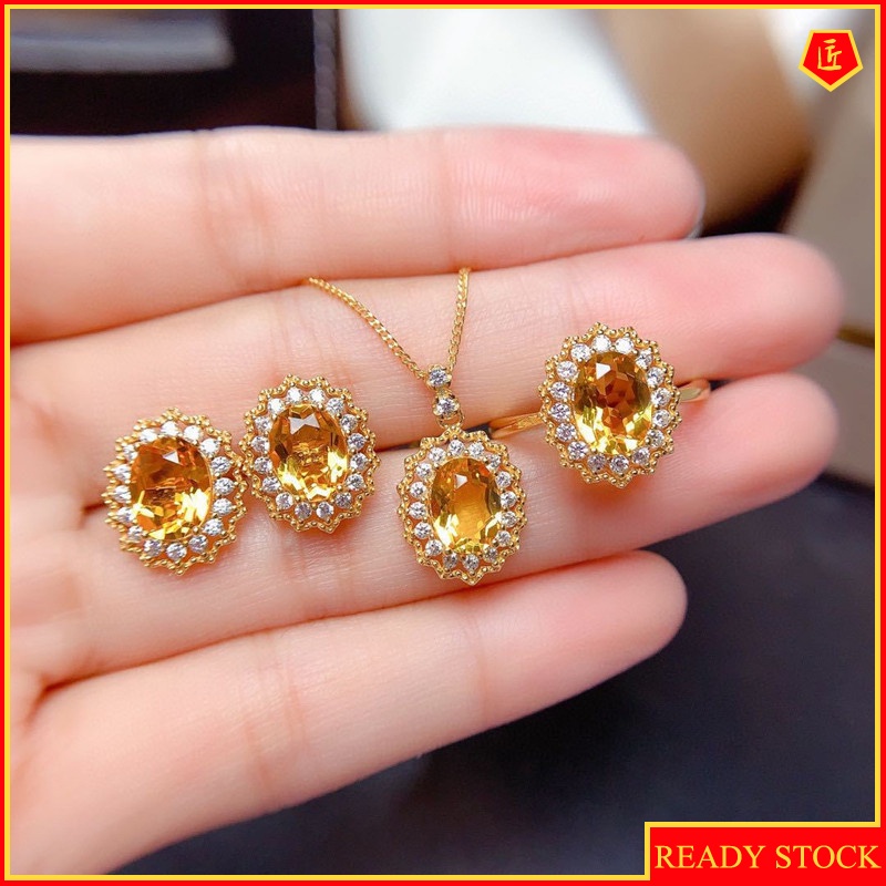 [Ready Stock]Lucky Citrine Pendant Set Full Diamond Rings Ear Studs