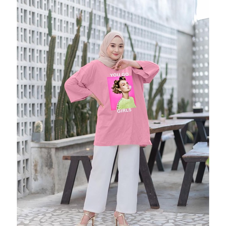 KAOS OVERSIZE TOP HIJAB WANITA BASIC YOU GO  / OVERSIZE SLIT BLOUSE GAMBAR DTF / DIGITAL PRINT