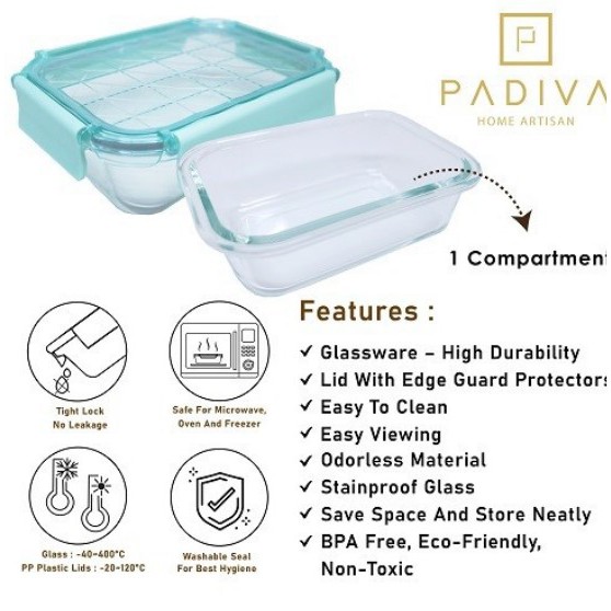 Padiva 1040ml Aqua (2pcs) Crystal Glassbox 1 compartment (GBC1040SA)