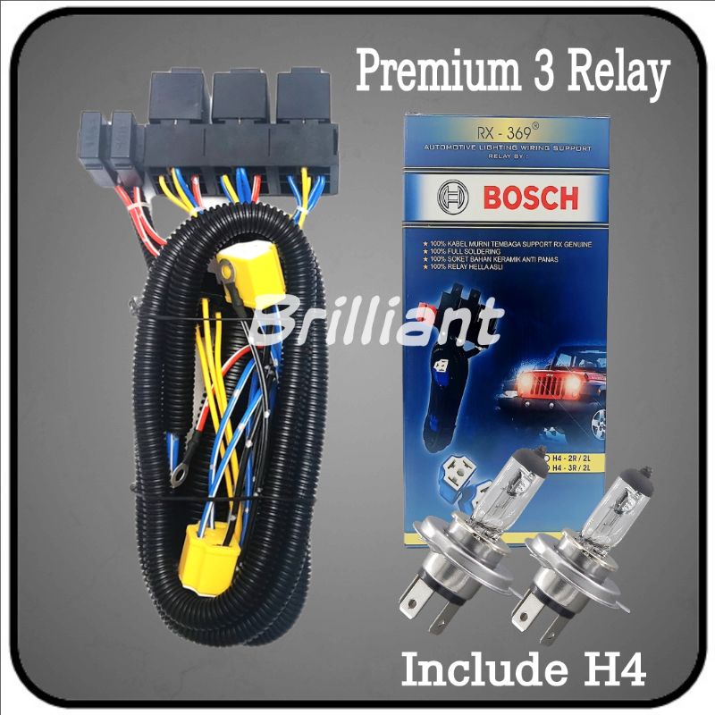 Kabel Set Relay Lampu H4 - 3 relay / 2 Lampu - Paket Bohlam H4 2pc Include