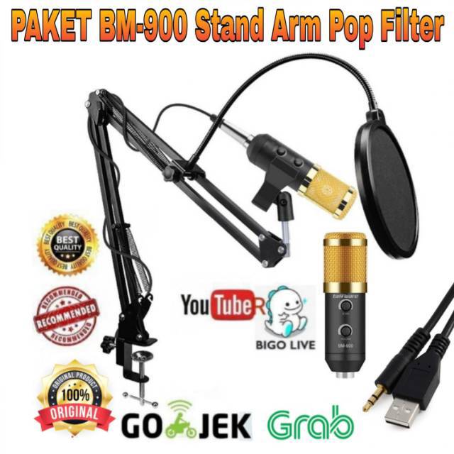 Paket Microphone BM900 Stand Arm Pop Filter U Splitter Recording Terbaik