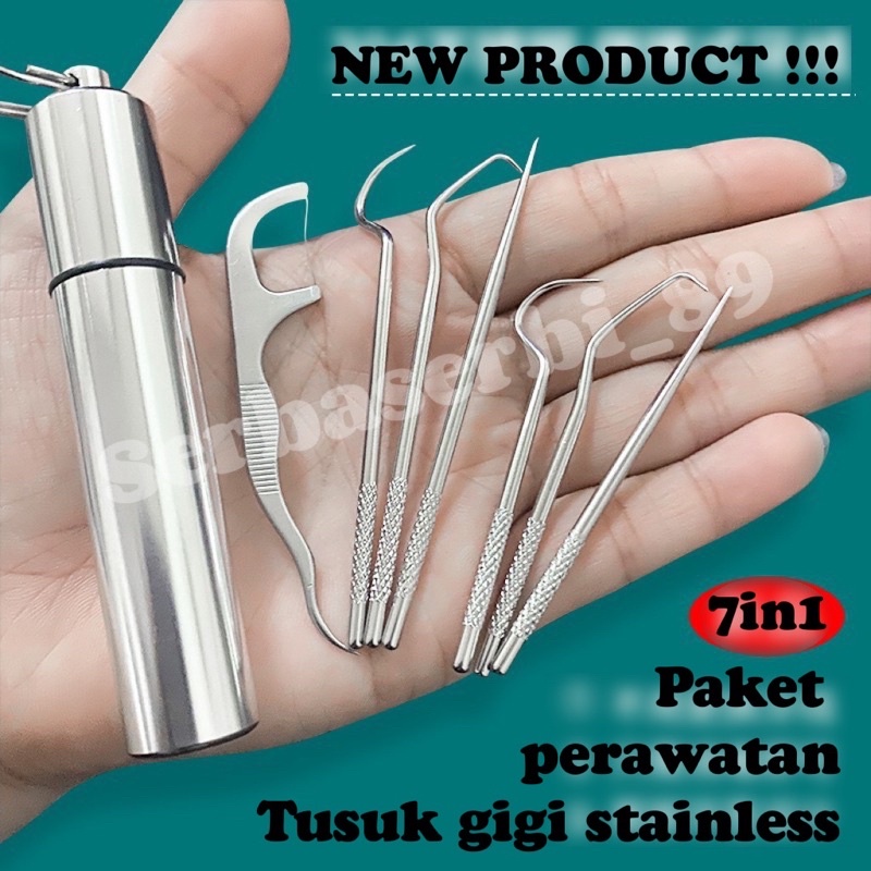 Tusuk gigi stainless 7in1 paket perawatan mulut stainless steel toothpick pembersih karang gigi
