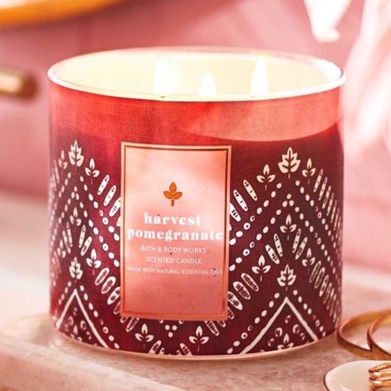 BATH AND BODY WORKS BBW HARVEST POMEGRANATE 3 WICK SCENTED CANDLE MADE WITH ESSENTIAL OILS 411 G
