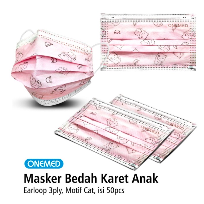 Masker Medis Karet Anak Motif Cat OneMed Box Isi 50Pcs Masker Medis Anak