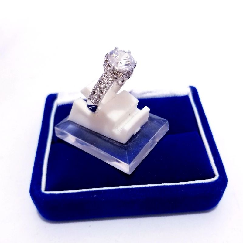 Cincin Perak Asli Silver 925 Lapis Emas Putih Permata Zircon Batu Putih - Cincin Wanita Anti Karat