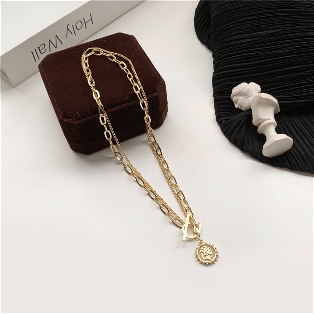 ✅COD [BBS] Kalung Rantai Logam Ganda Wanita Dengan Liontin Koin Kepala Cantik/ Aksesoris Fashion