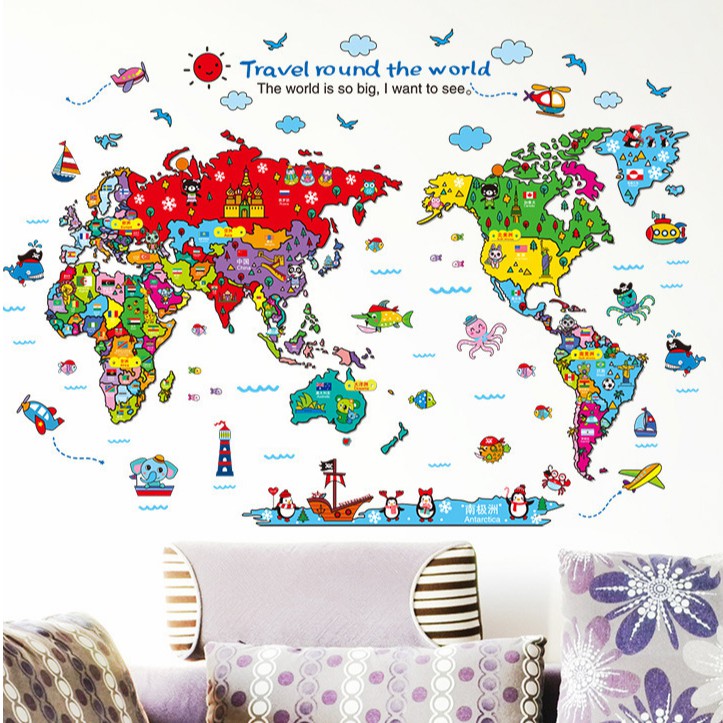 Reliza Wall Sticker Peta Dunia Map Travel Round the World Stiker Dinding  LDR9261