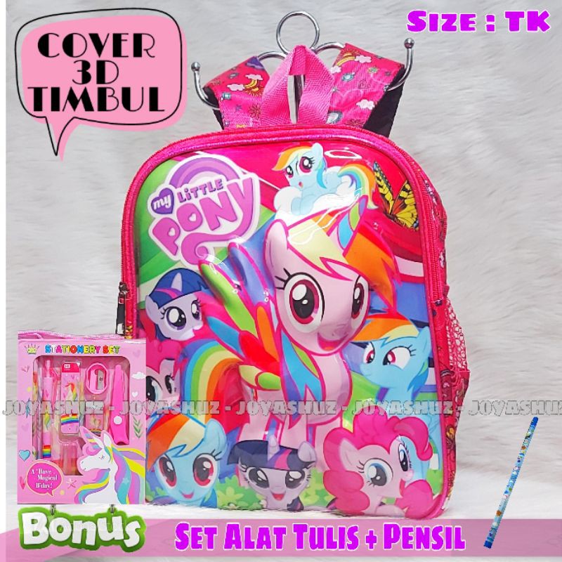 Tas Sekolah Anak Pony 3 Dimensi Gratis Set Alat Tulis / Tas Karakter Anak