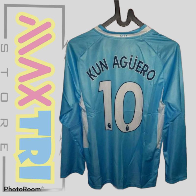 JERSEY BOLA MANCHESTER CITY FC HOME 2017/2018 LENGAN PANJANG NAMESET KUN AGUERO