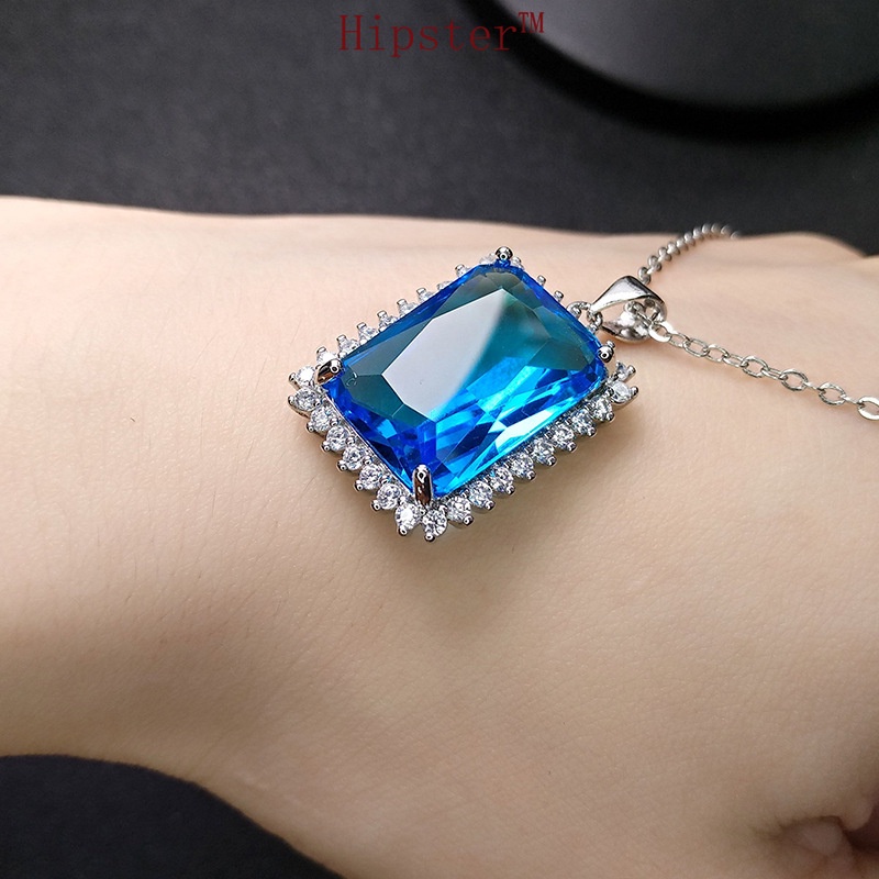 Best-Selling Light Luxury Square Large Natural Sea Blue Crystal Pendant Necklace