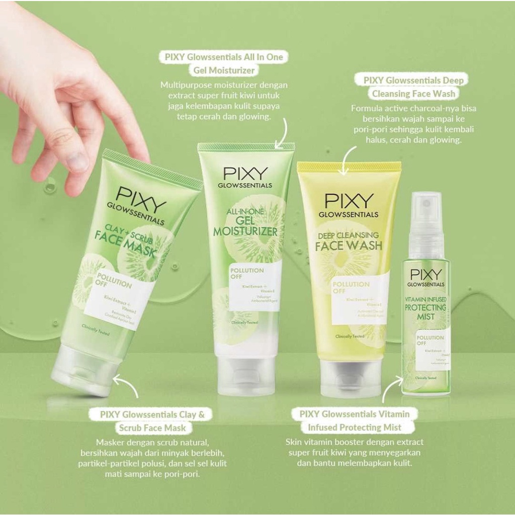 PIXY Glowssentials Pollution Off Series - Face Wash | Clay + Scrub Mask | Gel Moisturizer | Protecting face Mist | Sun Daily