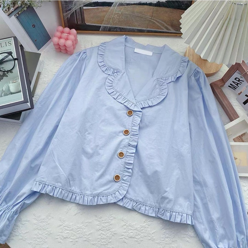 DISKON RUFFLED SHIRT - kemeja korea / korean style / shirt korea / kemeja hits / kemeja kekinian