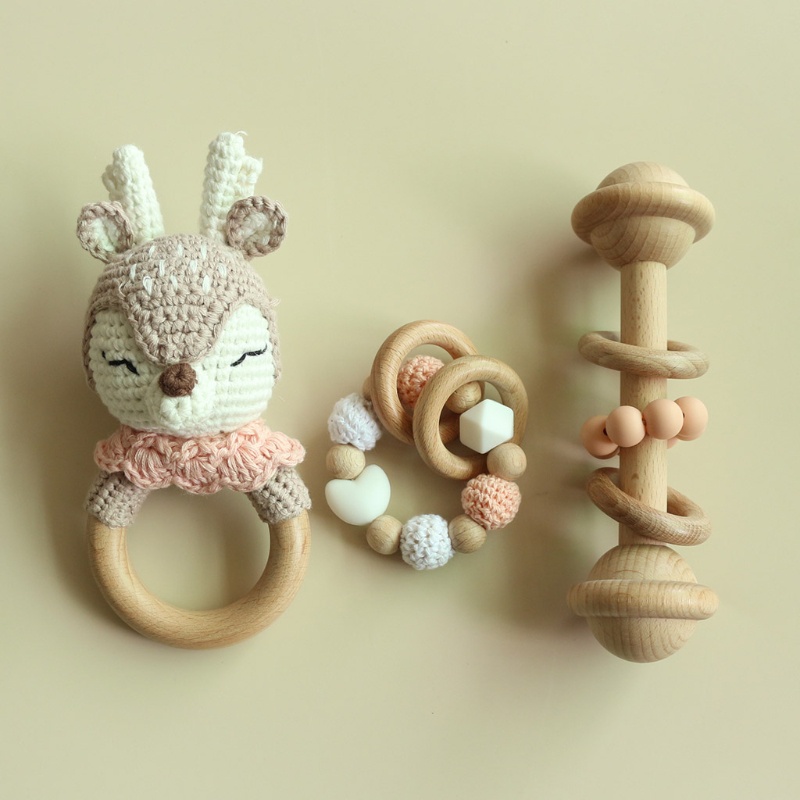 Mary 3pcs / Set Mainan Gelang Teether Bayi Newborn Bahan Kayu Crochet Desain Rusa