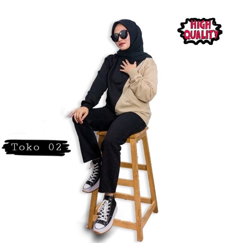 Sweater Crewneck Kombinasi 2 Warna Hitam-Cream || Sweater Crewneck Oversize Pria/Wanita