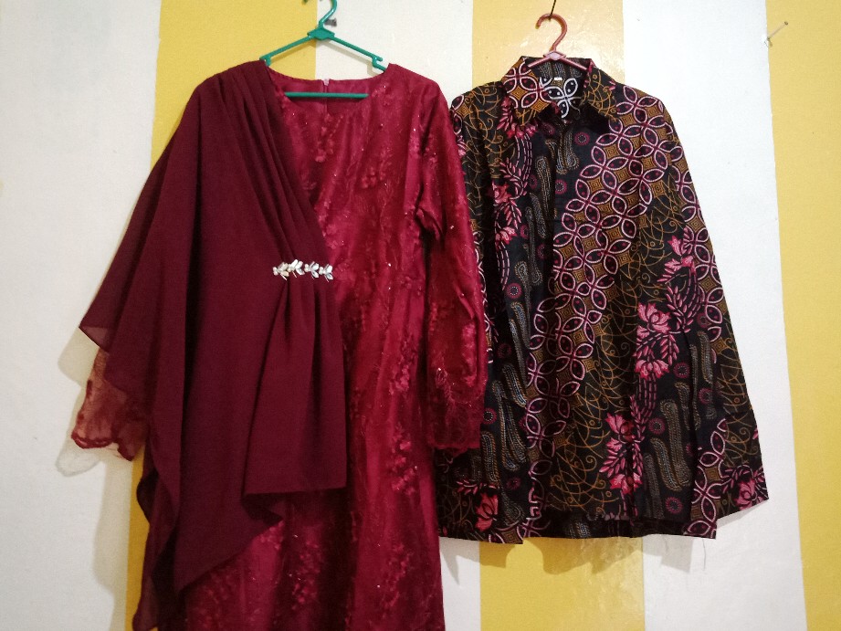 Batik Couple Modern Terbaru - Couple Kondangan Kresna Brukat Tulle Payet Mutiara Lengan Panjang