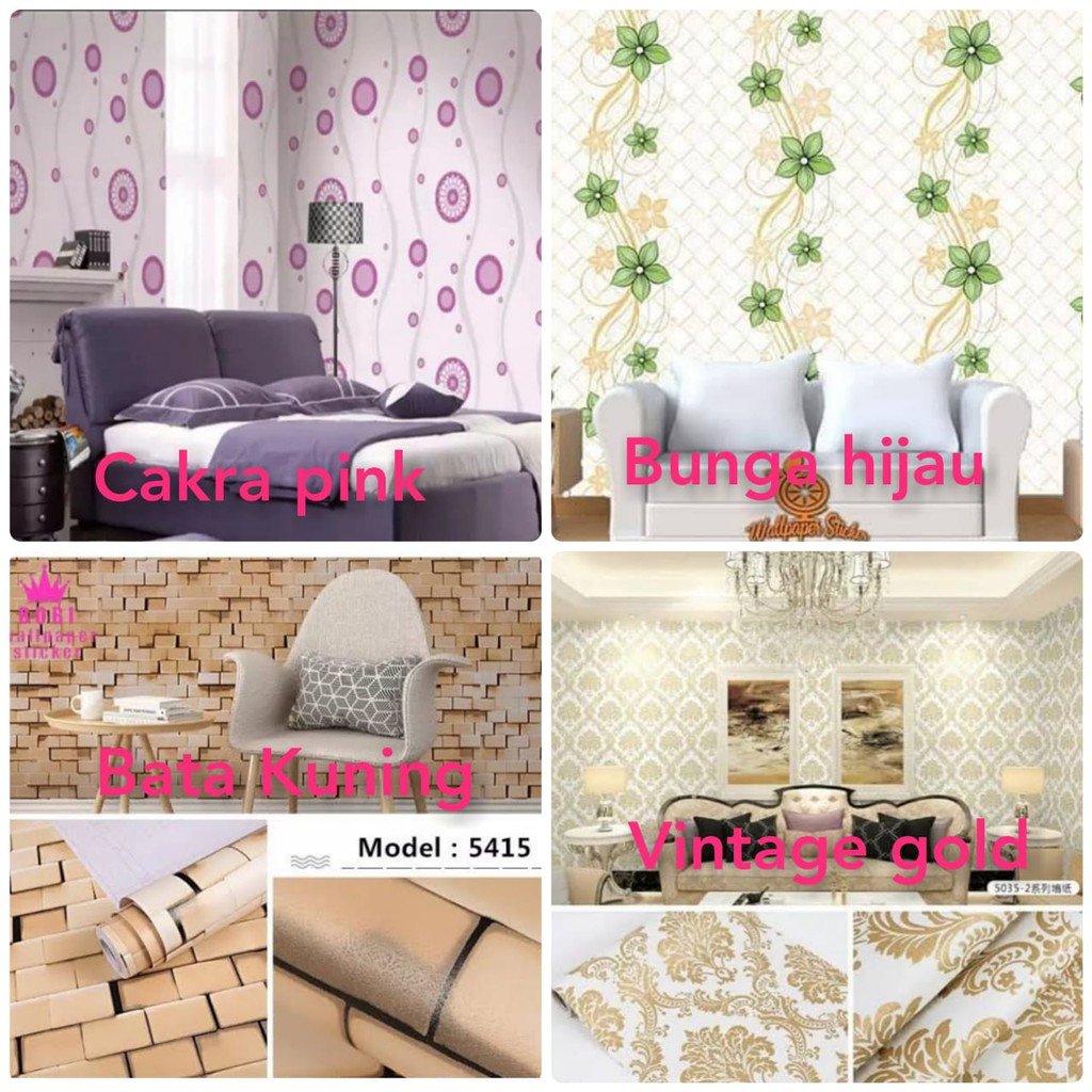 Wallpaper Dinding Stiker Embos Hijau Biru Gold Shaby Bunga 3D Ungu Polkadot Ukuran 45 cm x 10 m