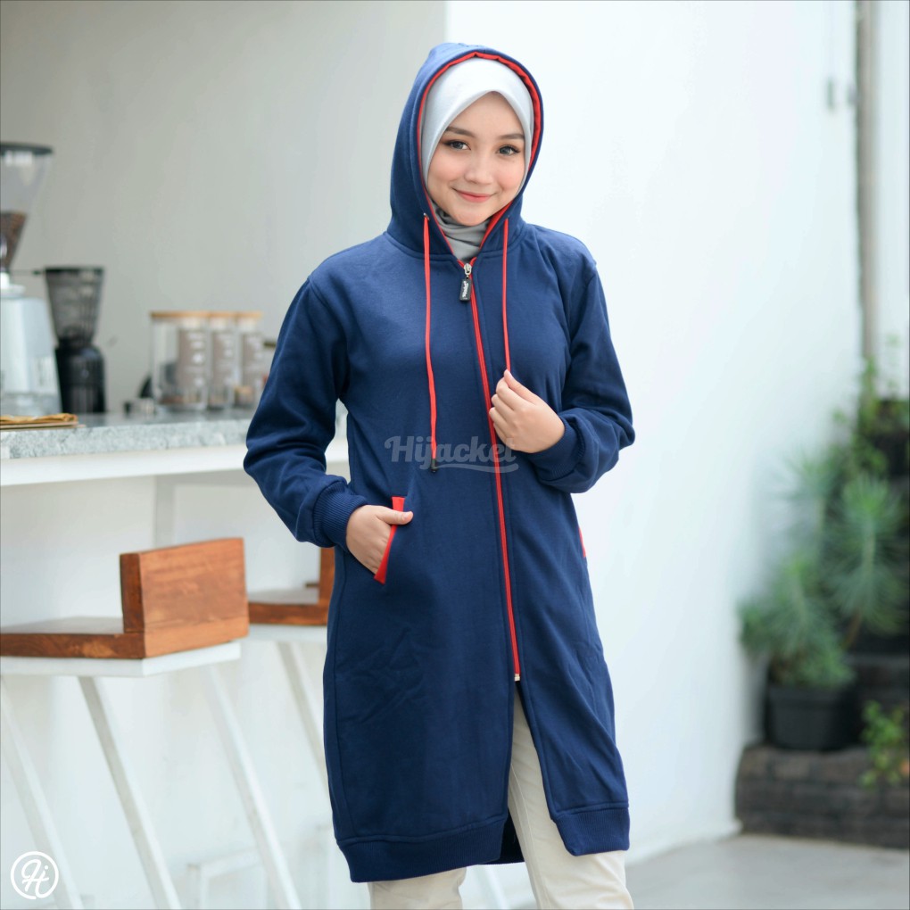 Jaket Polos Wanita Hijacket Basic Navy x Red Hoodie Panjang Bahan Premium Fleece Tebal-1