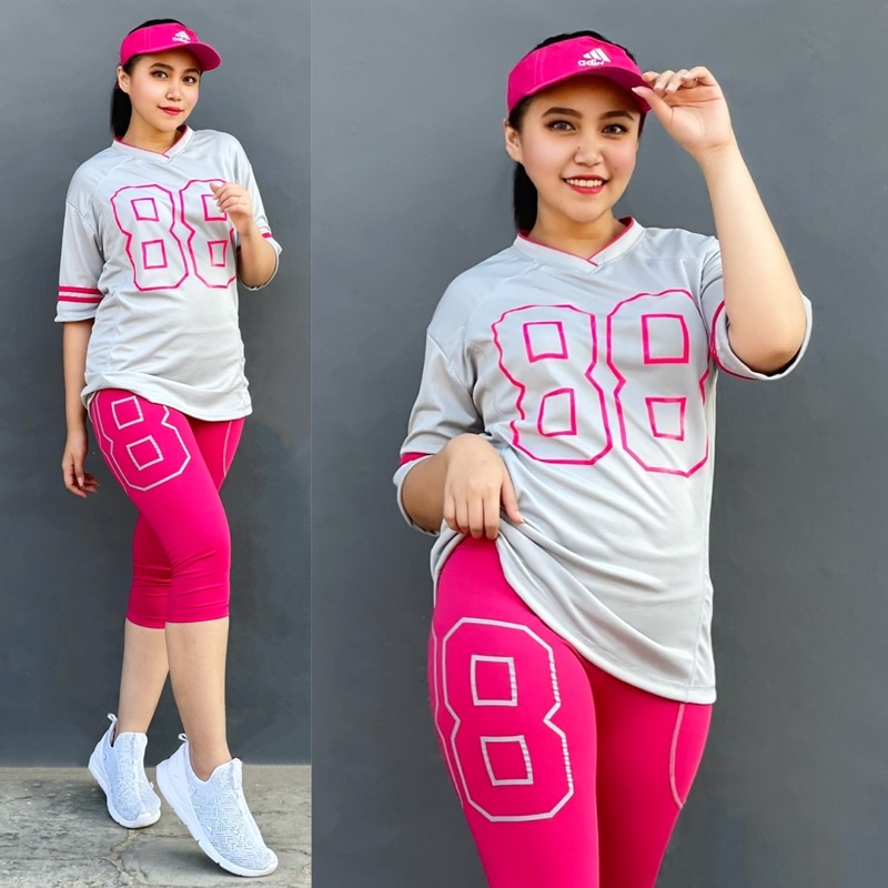Setelan Baju Senam 88 Abu Pink Set Olahraga Aerobic l Gym Fitness Running Jogging Cycling Gowes