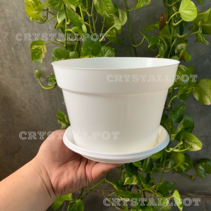 pot bunga tanaman nkt putih polos 20cm + tatakan putih