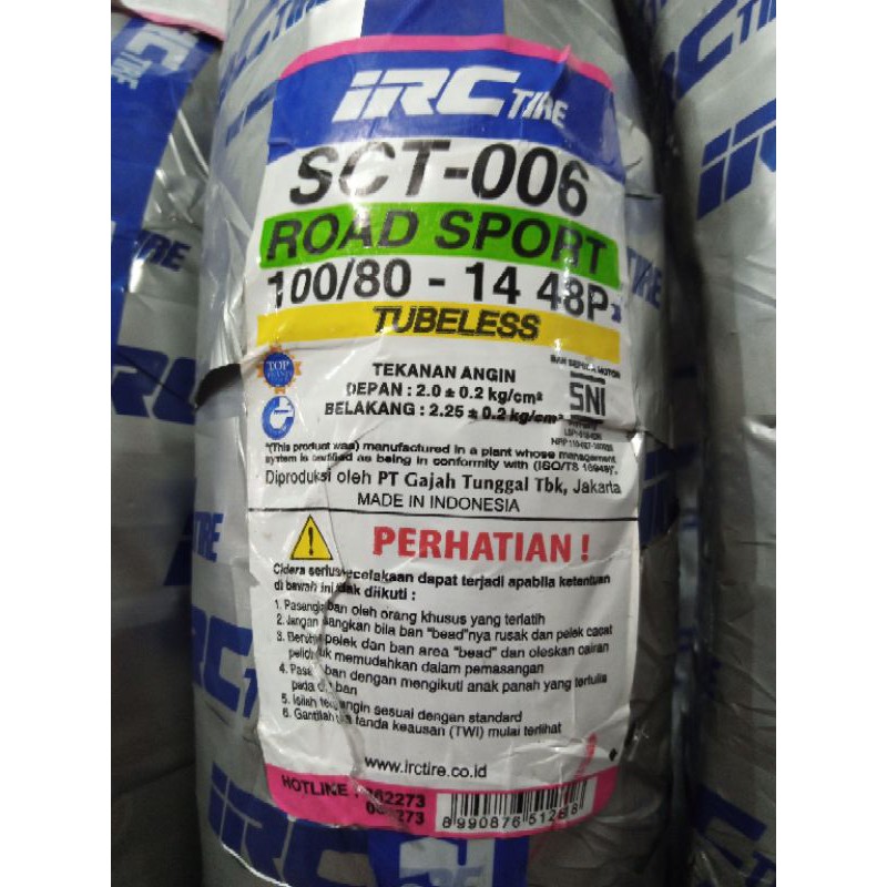 BAN PCX 150 DEPAN - IRC 100/80 -14 SCT - 006 TUBELESS