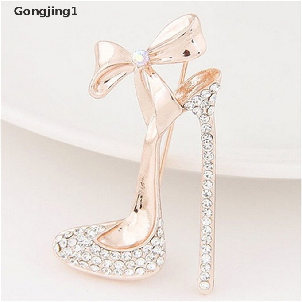 Gongjing1 Bros Pin Lapis Emas Desain Sepatu High Heels Hias Kristal Berlian Imitasi Untuk Wanita