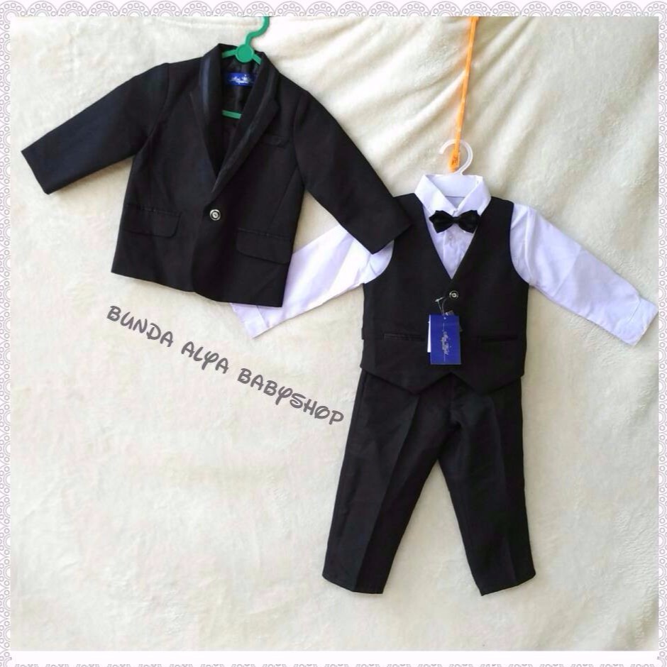 Setelan Jas Anak Laki HITAM Usia 1 2 Tahun Premium 8in1 - Set Jas Pesta Anak Cowok Berdasi Tuxedo LENGKAP