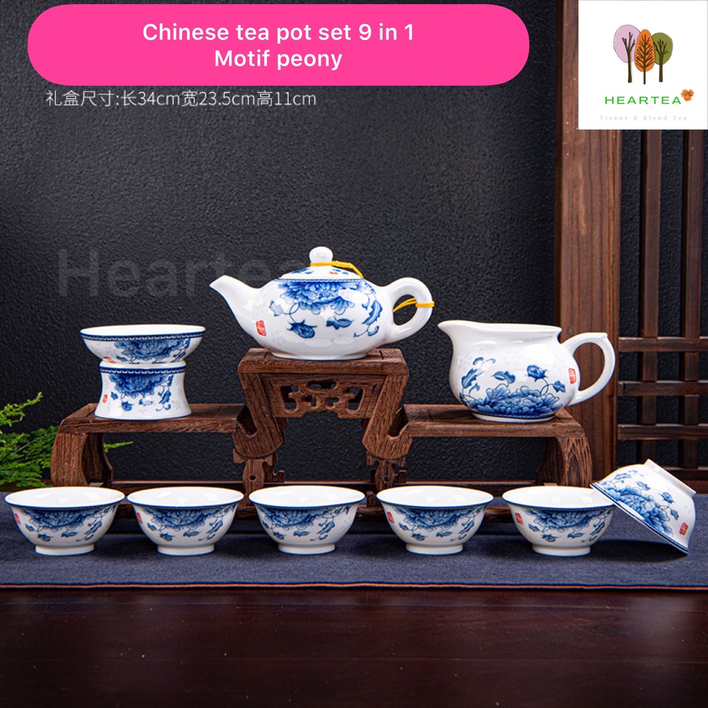 TEKO KERAMIK ANTIK CHINESE TEA POT SET MOTIF BUNGA PEONY (10 IN 1)