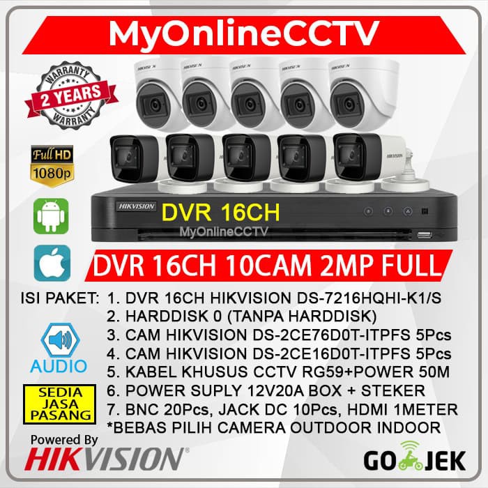 PAKET CCTV HIKVISION 10 KAMERA 2MP + AUDIO DVR 16 CHANNEL