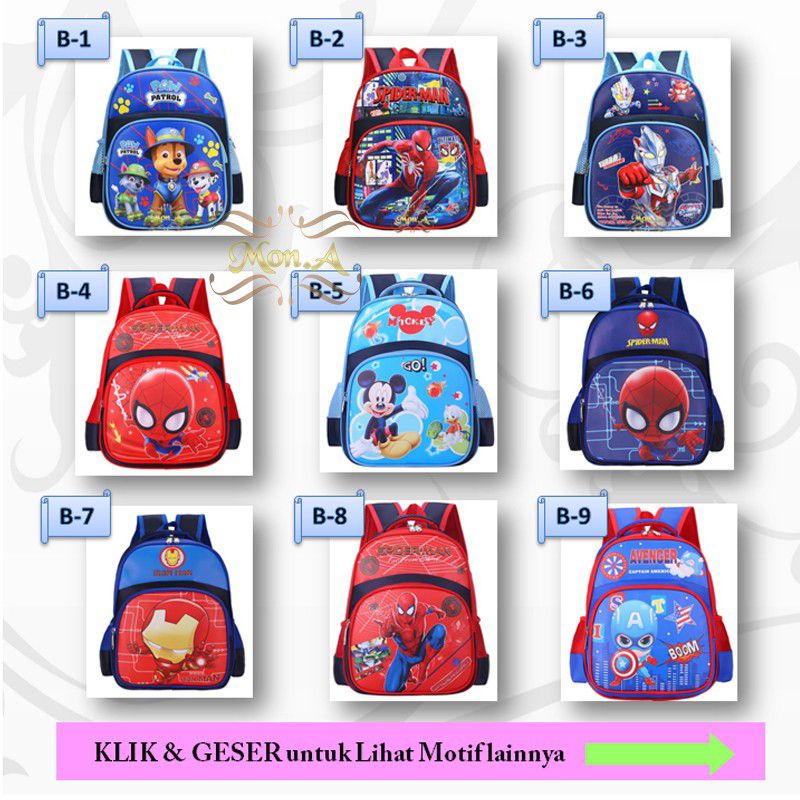 ETALASE W/TAS SEKOLAH PAUD/TAS ANAK TK/TAS ANAK IMPORT MODEL TERBARU BAHAN WATERPROOF/TAS IMPORT/TAS PAUD/TAS PG/TAS ANAK SEKOLAH MODEL BARU/TAS IMPORT TK/TAS ANAK PAUD TK SPIDERMAN CAPTAIN AMERIKA BATMAN SUPERMAN  PAW PATROL ULTRAMAN IRON MAN IMPORT BARU