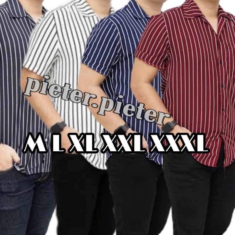 Kemeja salur strip surfing pantai fullprint pria premium lengan pendek