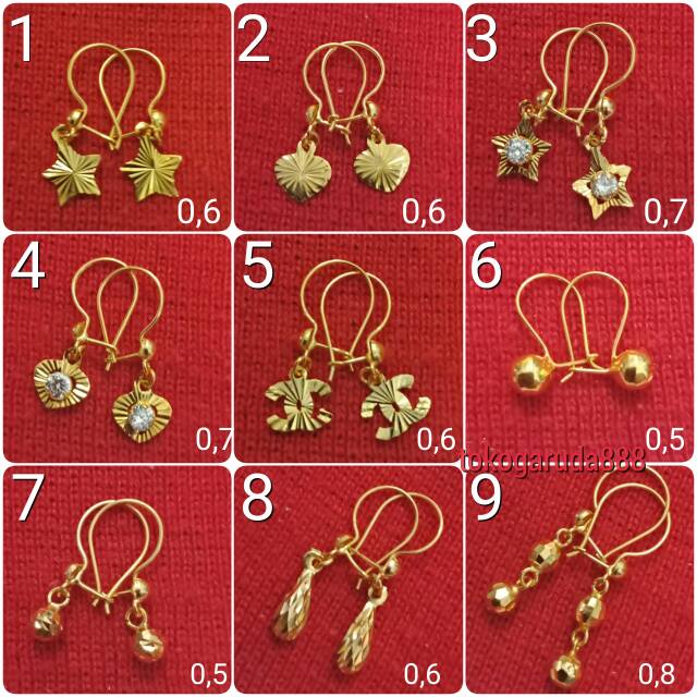 Anting anak dan dewasa emas asli kadar 700 70 bintang love hati permata timun