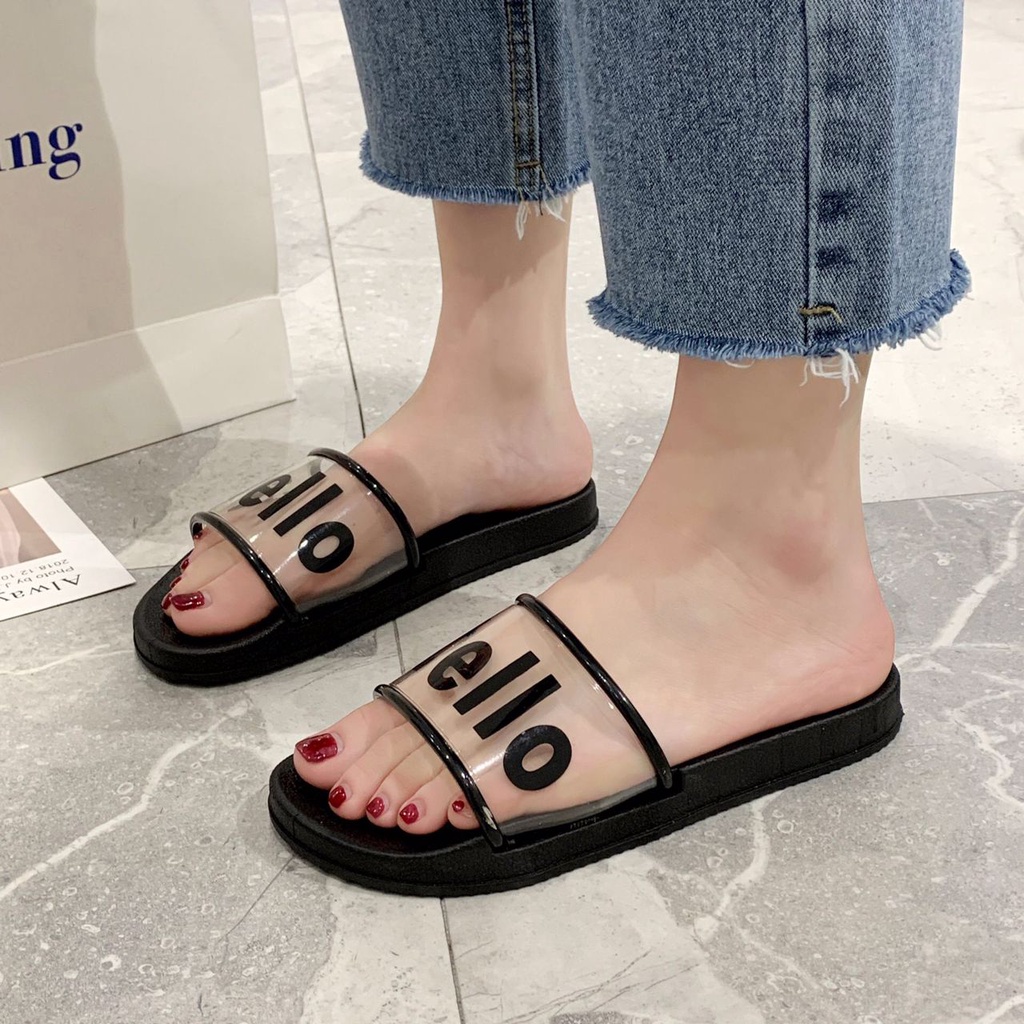 IDEALIFESHOES SENDAL SLOP TULISAN HELLO PINK DAN HITAM SEPATU WANITA ABG SENDEL SELOP CEWEK IMPORT
