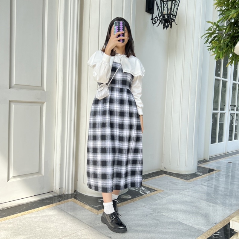 OVERALL FLANEL BAHAN SUPER HALUS DENGAN KEMEJA RENDA DRESS FLANEL BAJU VINTAGE