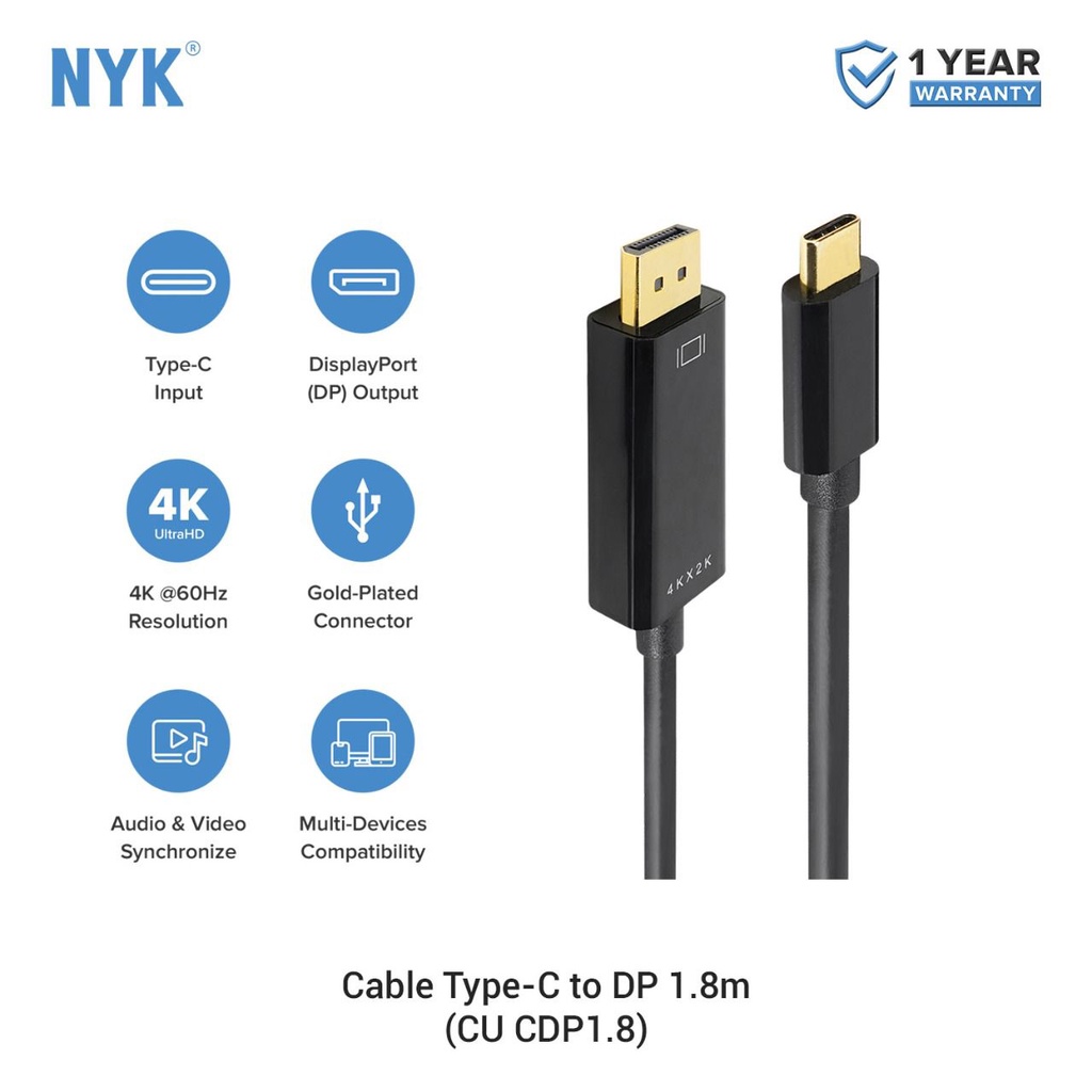 NYK Kabel Type C to Display Port 1,8 m - Gold Plate 4K