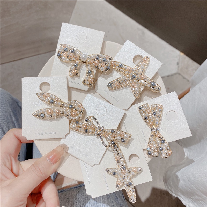 Jepit Rambut Bentuk Pita Aksen Mutiara Dan Berlian Imitasi Untuk Musim Panas