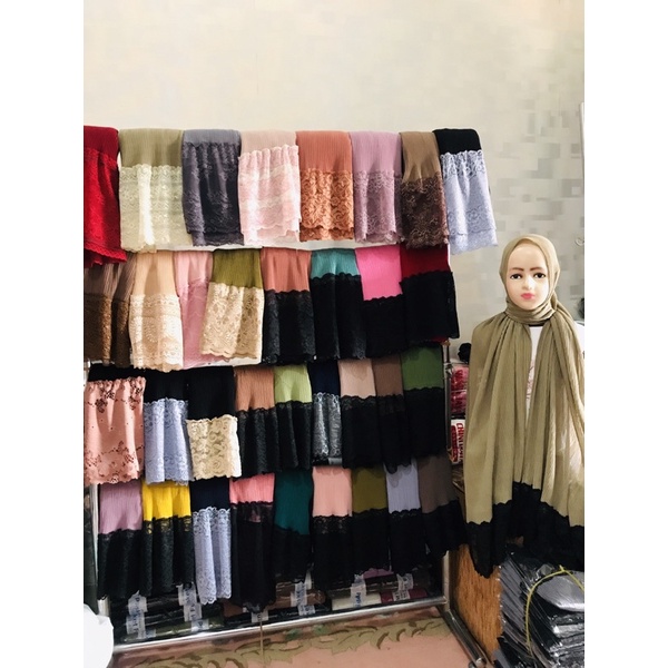 Pasmina  Plisket Prisket Renda Brokat brukat Impor/ Pasmina prisket  renda/model terbaru-2