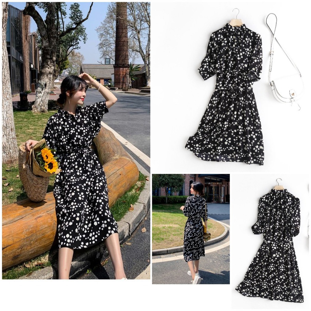 DRESS PANTAI WANITA GAYA KOREA HITAM MOTIF BUNGA PREMIUM VEN9185