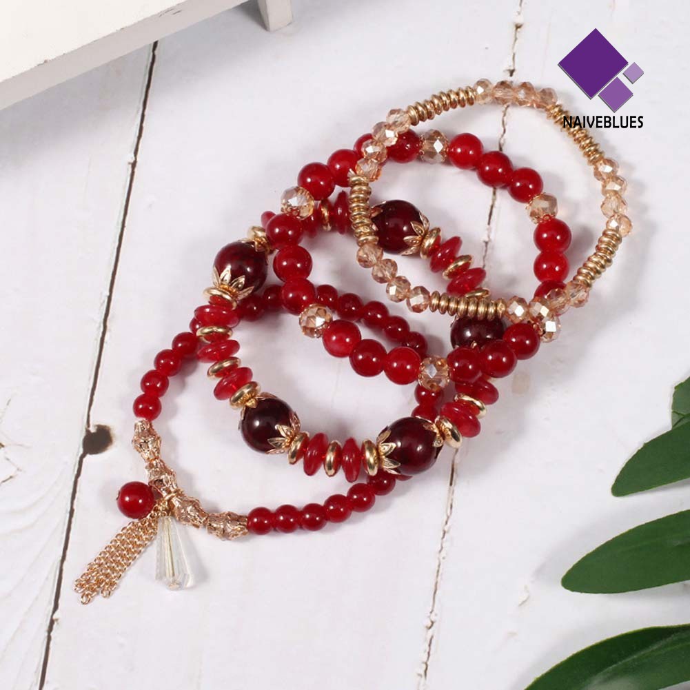 Naiveblue 4Pcs / Set Gelang Tangan Rantai Manik Batu Agate Imitasi Gaya Boho Untuk Wanita