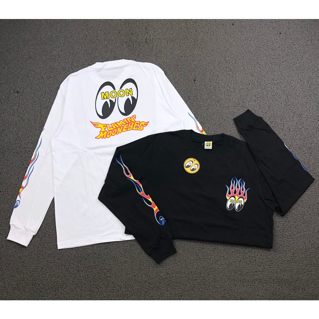 LONGSLEEVE KAOS MOONEYES FLAMIN PUTIH DAN HITAM PREMIUM AUTHENTIC BESTSELLER