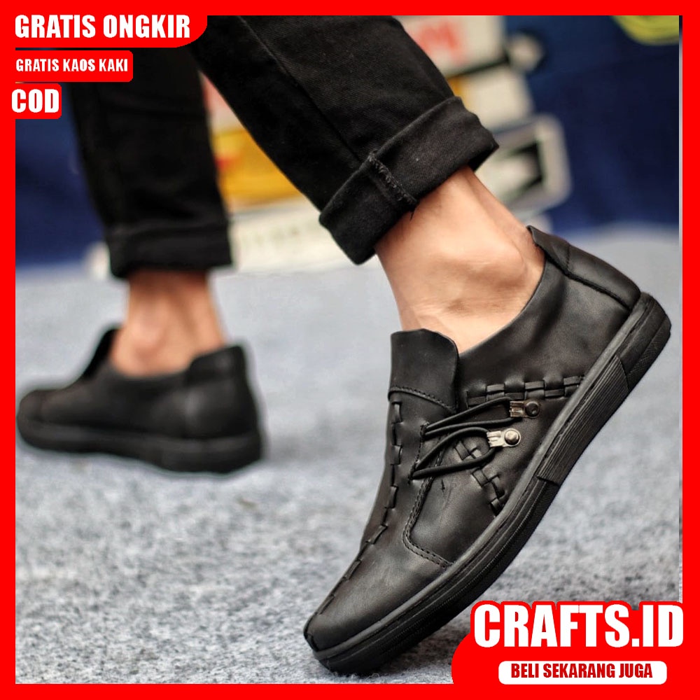 CRAFTS X FIXXI Sepatu Slip On Pria Sepatu Pria Casual Sepatu Kasual Antislip Slop Kulit Asli Kerja Kantor Kondangan Cowok/Cowo Gaya Santai Kekinian Murah Terlaris Original