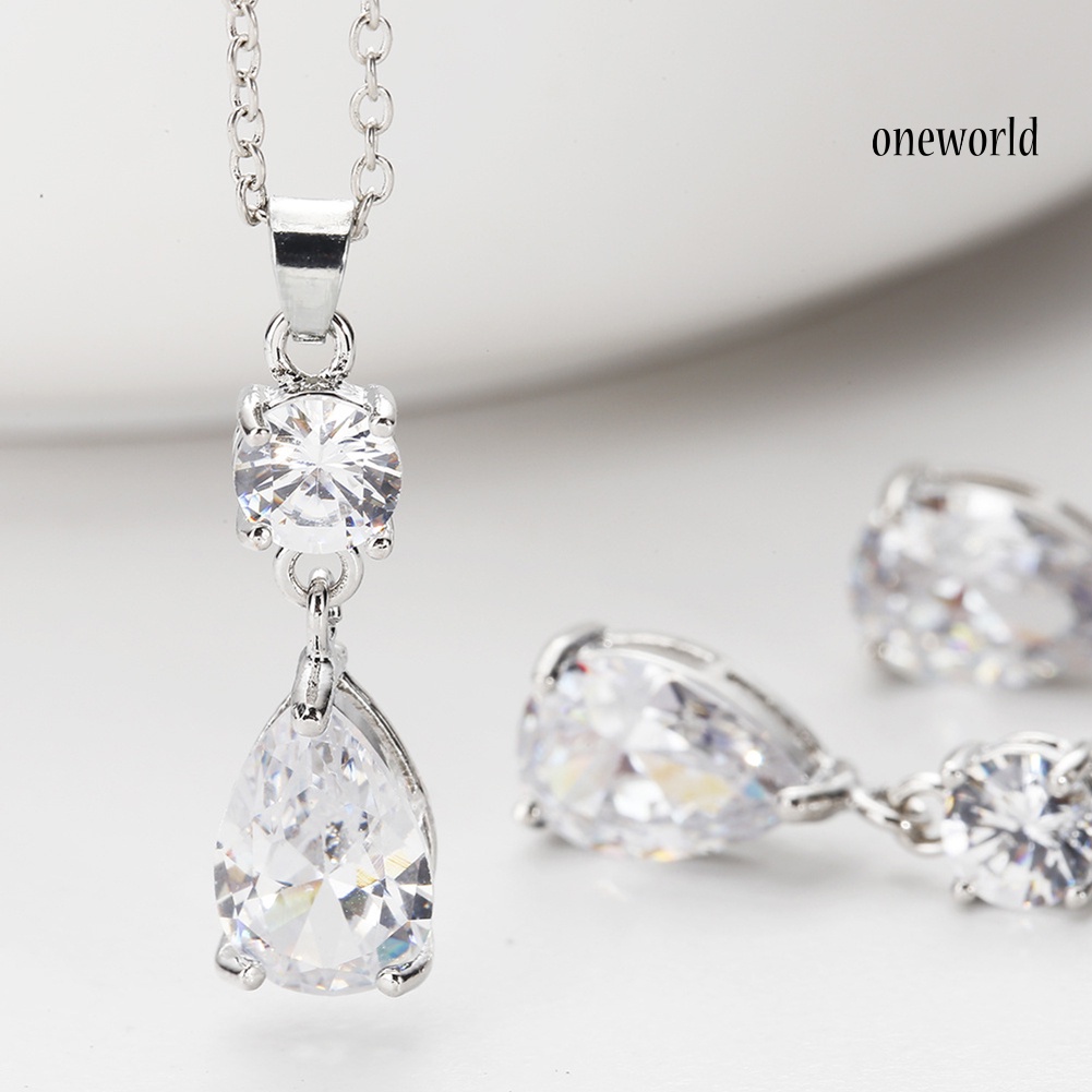 OW@ Fashion Round Drop Zircon Pendant Eardrop Earrings Necklace Women Jewelry Set