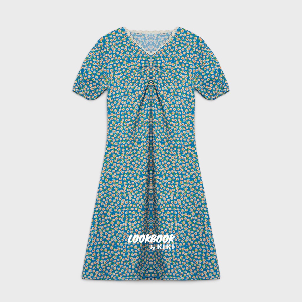 Kiki - Floral Lace Puff Sleeve Midi Dress - Fashion Trends 2022 / Gaun / Lengan  Balon Neck V / Gree