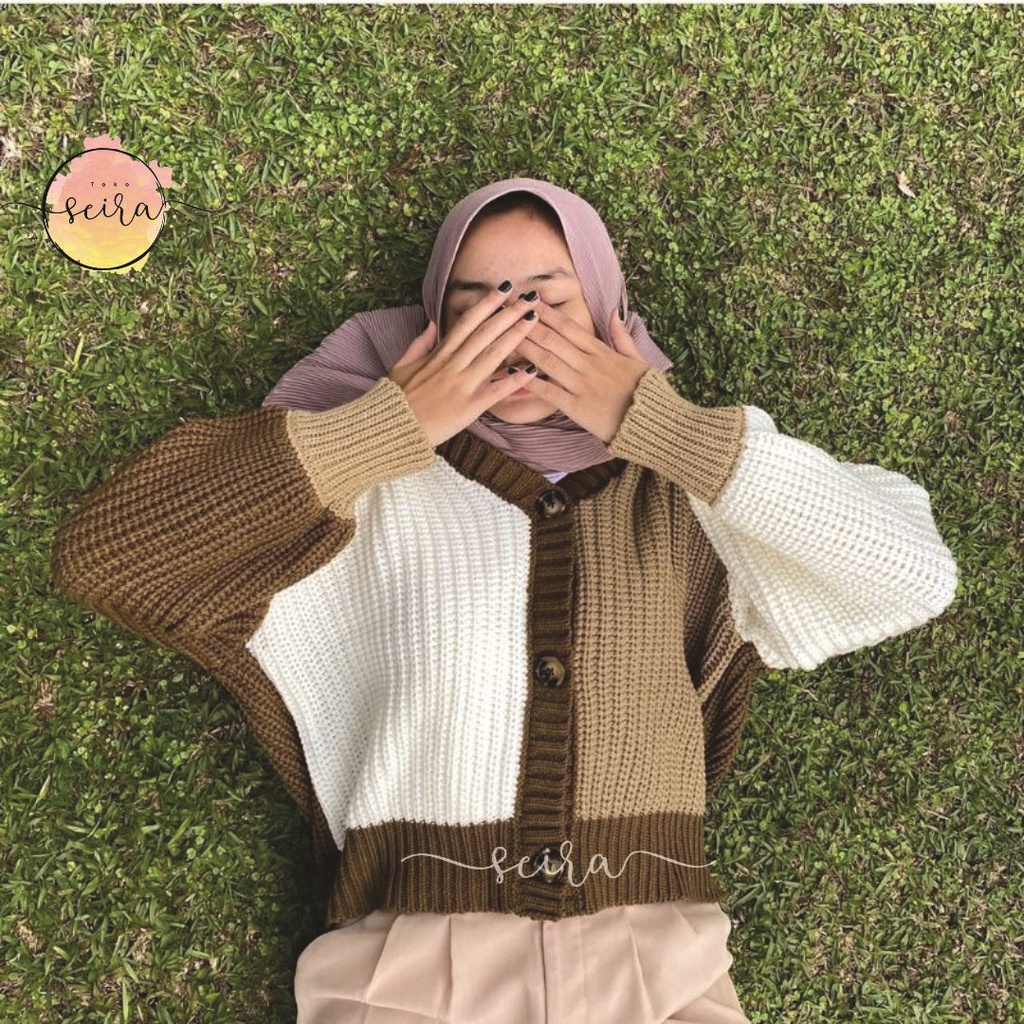 [BISA COD] Helena Cardy Knit / Helena Cardigan Combi / Olivia Kombinasi Warna / Candy Outer Cardy 3 Tone / Helena Rajut Cardi / Olivia Rajut Kombinasi Cardi