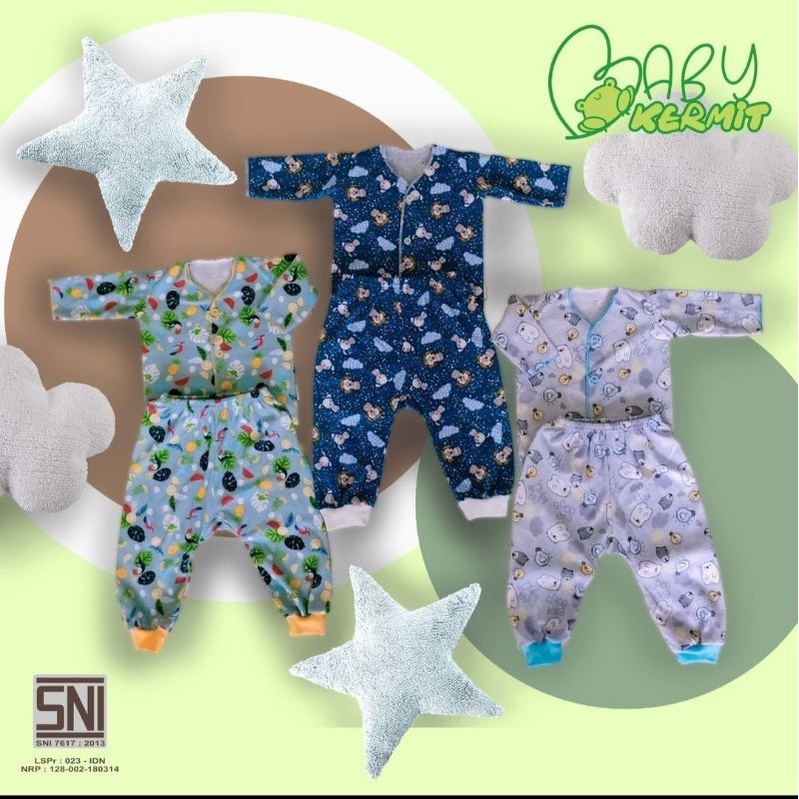 SETELAN BAJU BAYI BABY KERMIT 1 SETEL BAJU PANJANG + CELANA PANJANG LAKI PEREMPUAN UKURAN 03 & 3/6 B