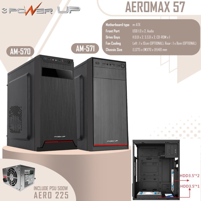 Casing POWER UP Micro-ATX AEROMAX AM-570 include PSU 500W