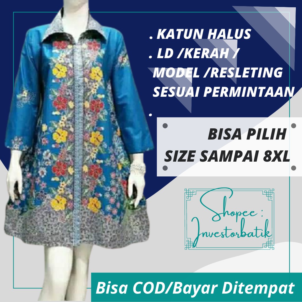 BAJU ATASAN BATIK TUNIK KERJA WANITA MODERN LENGAN PANJANG KATUN BERKWALITAS SIZE XS-JUMBO 8XL