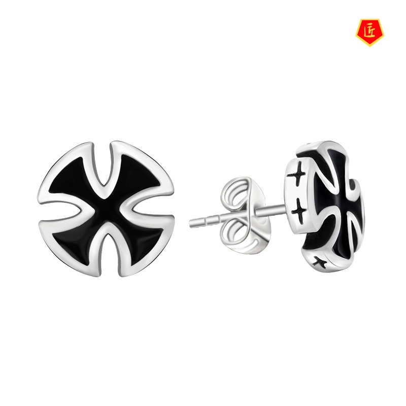 [Ready Stock]Retro Personality Men's Silver and Black Stud Earrings