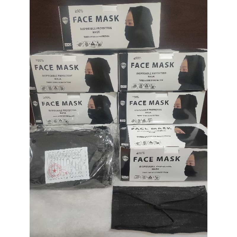 MASKER HITAM 3PLY HEADLOOP / MASKER HITAM 3PLY HIJAB isi 50pcs