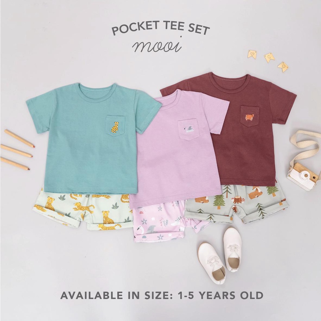 PROMO 7.7 PROMO BAJU LEBARAN MURAH MOOI Pocket Tee Set ( Setelan POCKET TEE MOOI ) - Celana Pendek MOOI  0-5 Tahun